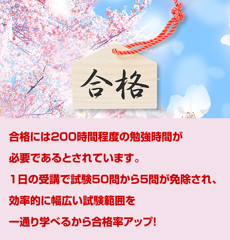 合格には200時間程度の勉強時間が必要であるとされています。１日の受講で試験50問から５問が免除され、効率的に幅広い試験範囲を一通り学べるから合格率アップ！